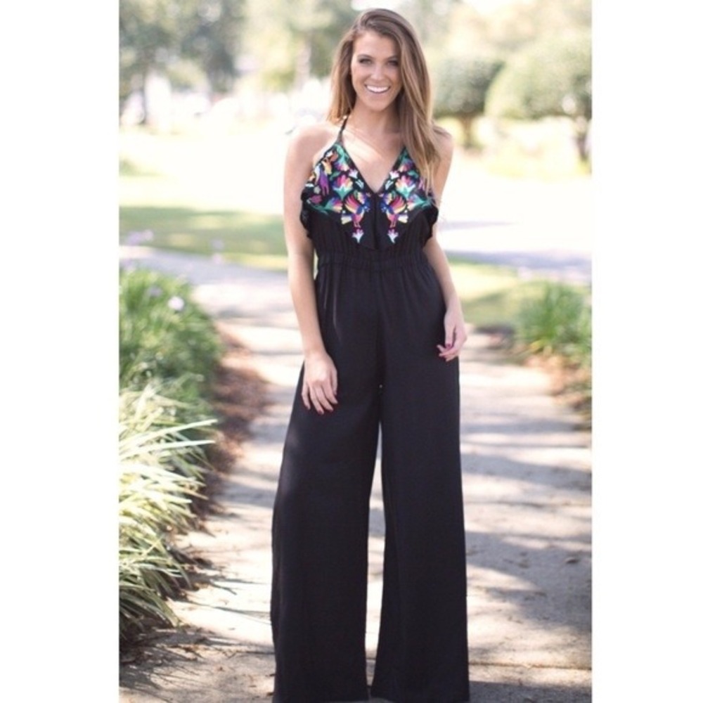 Judith March Embroidered Halter Wide Leg Jumpsuit Black Floral Bird Large